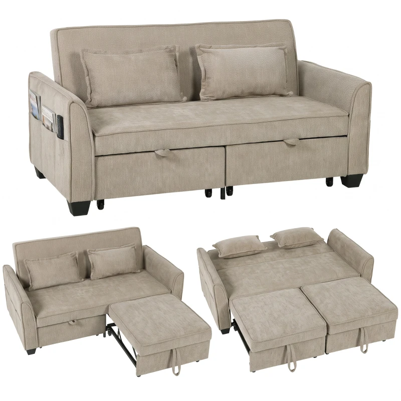 HOMCOM 4‑in‑1 2‑Sitzer-Schlafsofa, Eck-Schlafsofa aus Chenille 167 cm, verstellbare Rückenlehne, breite Sitzfläche, Hellbraun