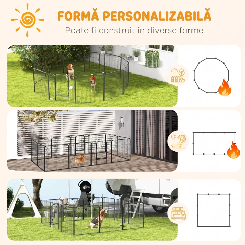 PawHut Țarc pentru câini, 12 panouri modulabile 80x1.5x80 cm, pliabil cu ușă din oțel, 12 țăruși, gri