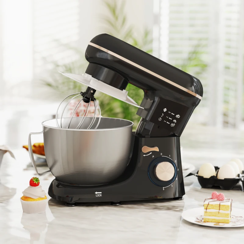 HOMCOM Küchenmaschine Knetmaschine mit 4,5L Edelstahlschüssel 1300W Teigmaschine mit 6+P Geschwindigkeit Beige