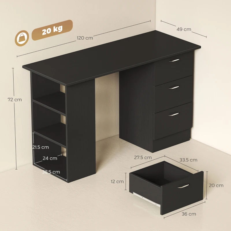 HOMCOM Birou PC cu 3 Rafturi și 3 Sertare pentru Cameră și Birou, din Lemn MDF, 120x49x72 cm, Negru(m-3)
