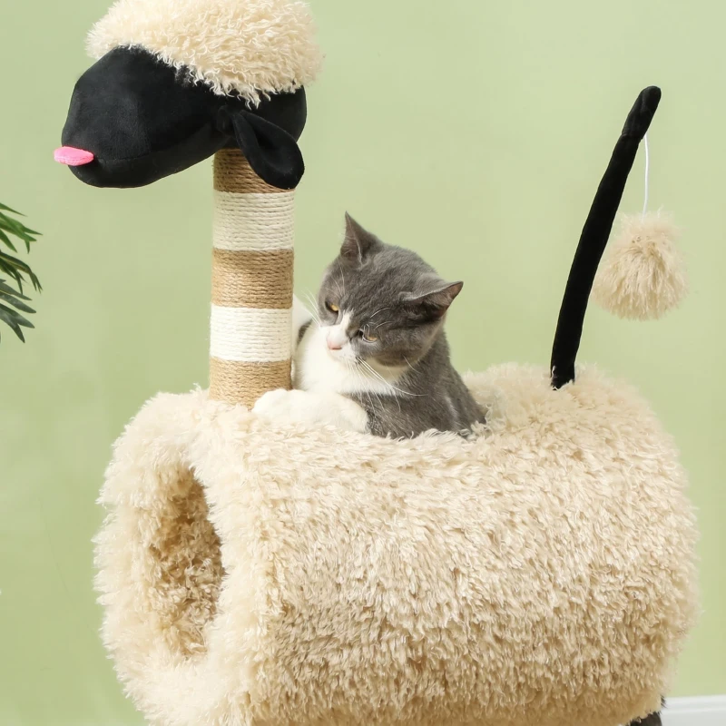 PawHut Albero Tiragraffi per Gatti a Forma di Pecora con Naso Nero, Pali in Juta, Tunnel e Pallina, Marrone Chiaro