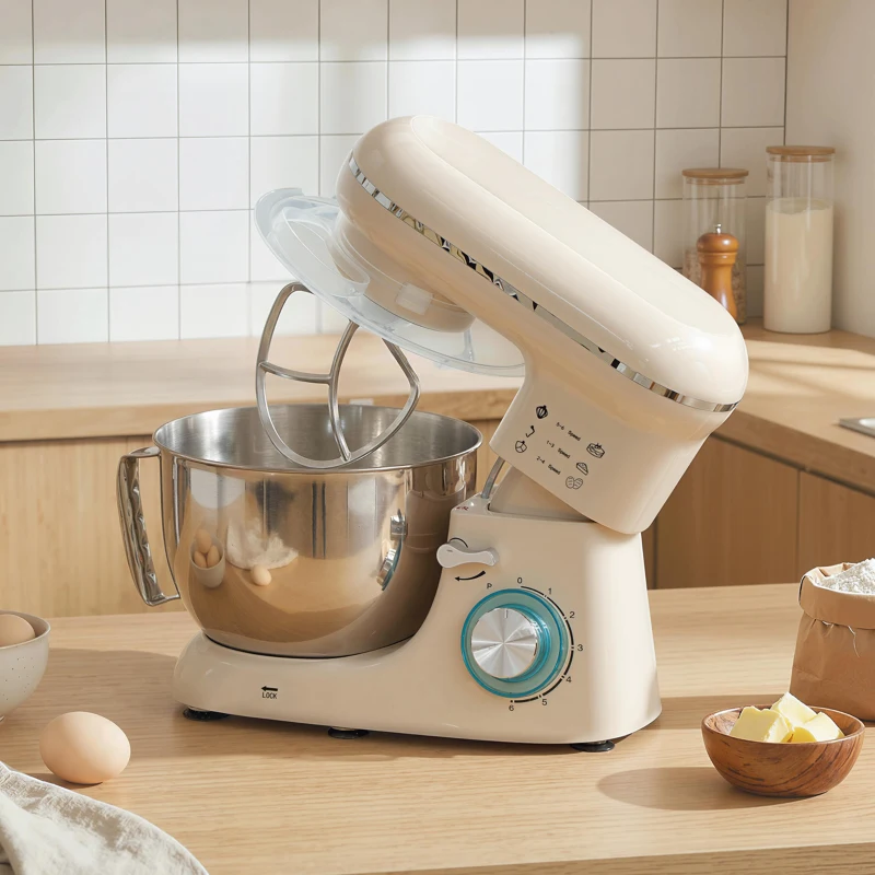 HOMCOM Robot pâtissier 1300 W, robot pétrin professionnel 4,5 L, bol d'acier inoxydable, 6+P vitesses et pulse, beige