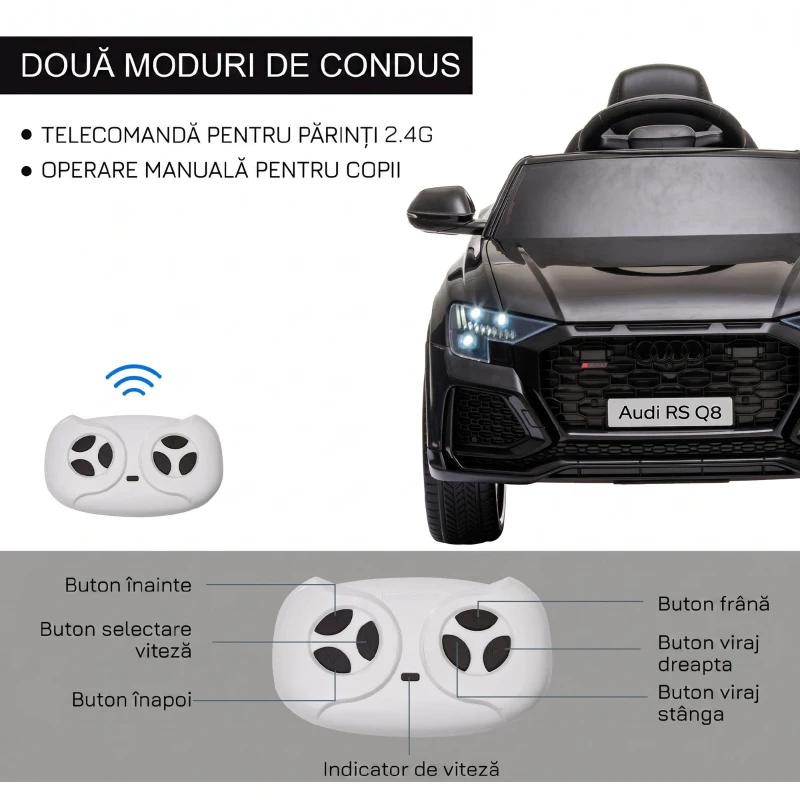 HOMCOM Mașină Electrică pentru Copii Audi RS Q8, 6V, 2 Motoare, Telecomandă, PP, 101x62x51 cm, Negru