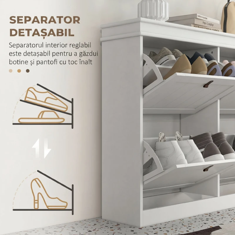 HOMCOM Pantofar Slim cu 4 Uși Rabatabile, Rafturi Reglabile, pentru 10-20 Perechi, Alb