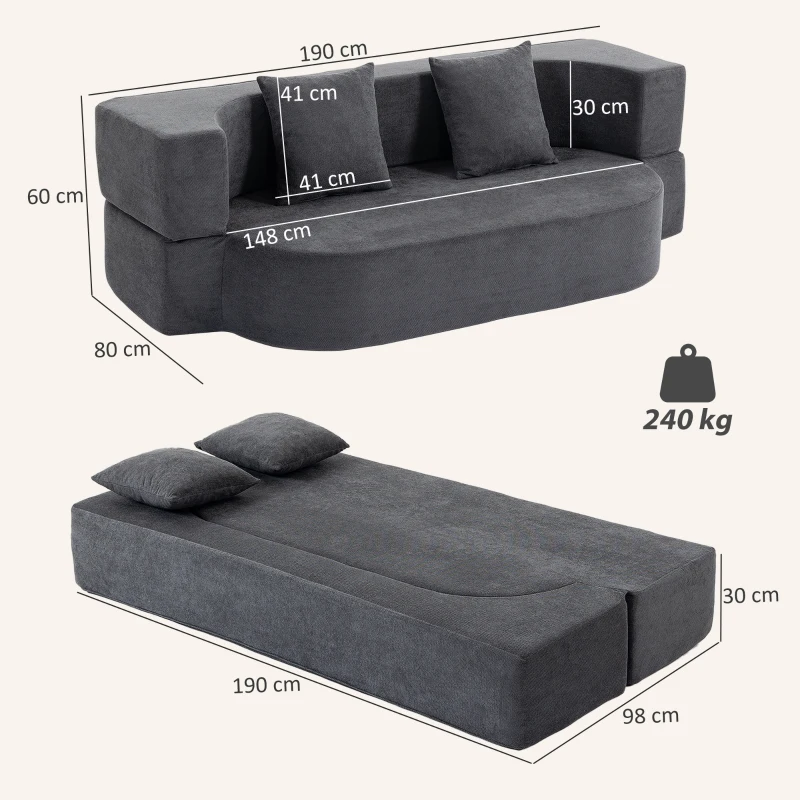 HOMCOM Schlafsofa, Bodensofa ohne Gestell mit dickem, hochdichtem Schaumstoff, breitem und tiefem Sitz, dunkelgrau