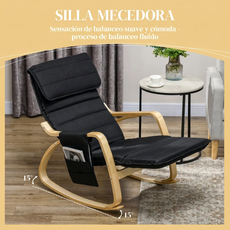 HOMCOM Silla Mecedora con Reposapiés Ajustable en 5 Posiciones Bolsillo Lateral Reposabrazos de Madera Reposacabezas Negro