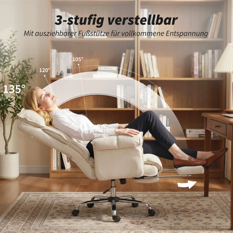 HOMCOM Bureaustoel in hoogte verstelbare draaistoel met lendensteun, voetensteun, sneeuwflanel, 80 x 80 x 106-114 cm crèmewit