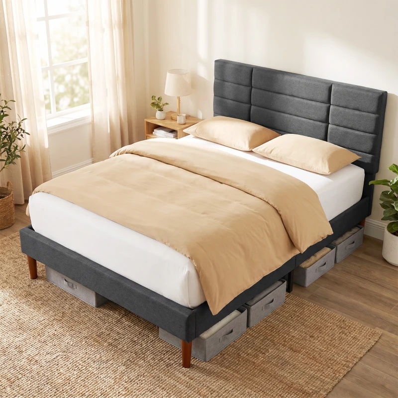 HOMCOM Cama Tapizada 140x200 cm con Cabecero Acolchado de Rejilla Almacenaje Inferior Láminas de Madera Gris