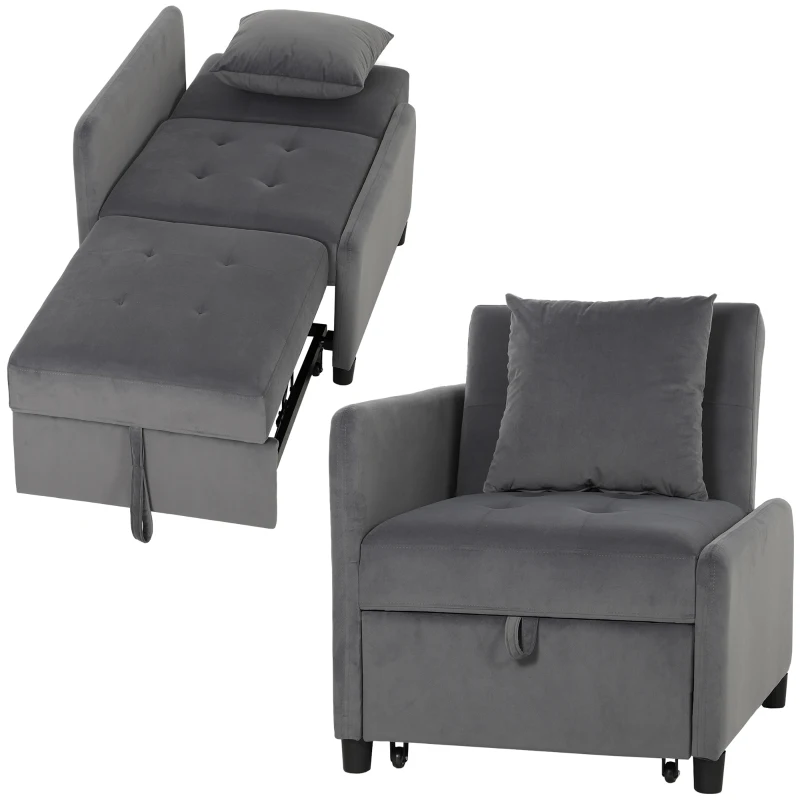 HOMCOM Schlafsessel 4-in-1 Ausziehbar Gesteppt, Verstellbar, Samtoptik, Dunkelgrau