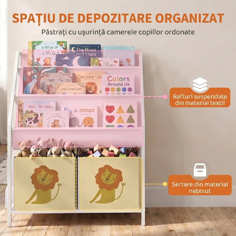 AIYAPLAY Bibliotecă Montessori pentru Copii 3-8 Ani cu 4 Rafturi și 2 Cutii cu Imprimeu Leu, Alb