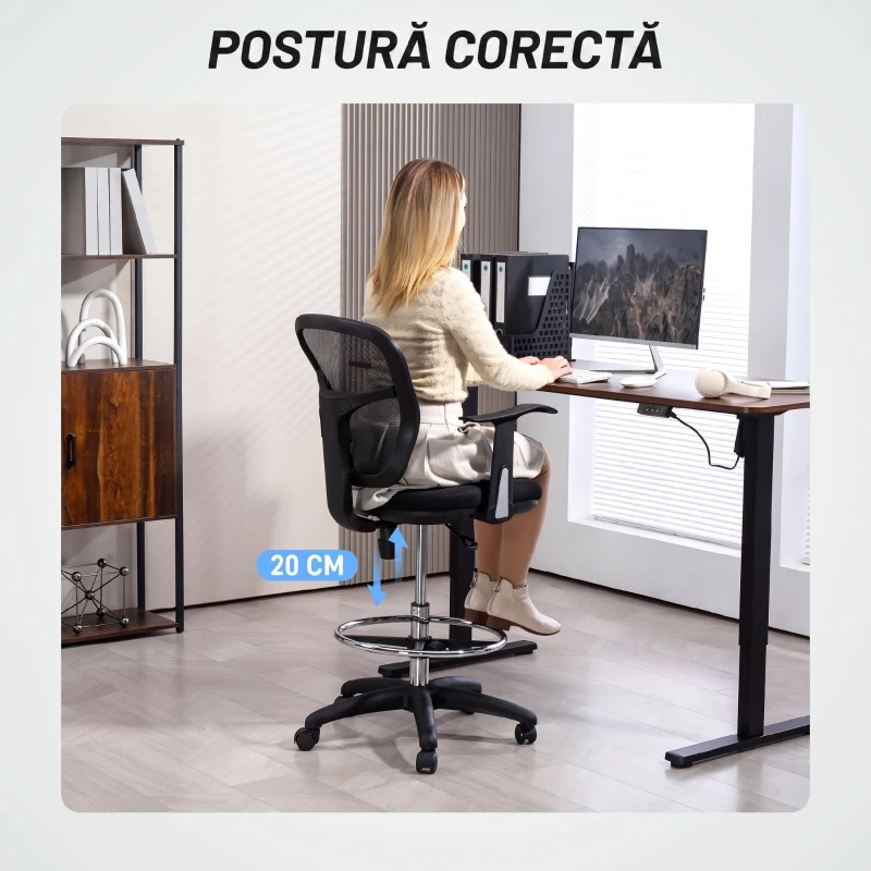 Scaun Rotativ HOMCOM cu Inel pentru Picioare și Spătar Curbat, din Poliester, Spumă și Plastic, 55x58x94 cm, Negru