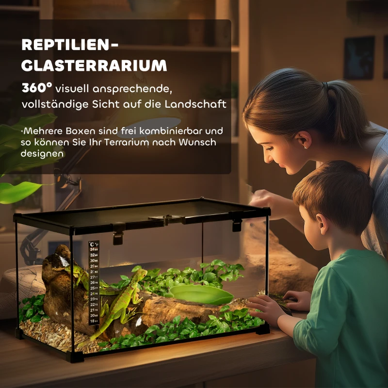 PawHut Reptielenbox Terrarium, inclusief streepjesthermometer, voederluiken, 50 cm x 30 cm x 25 cm, glas + metaal, zwart