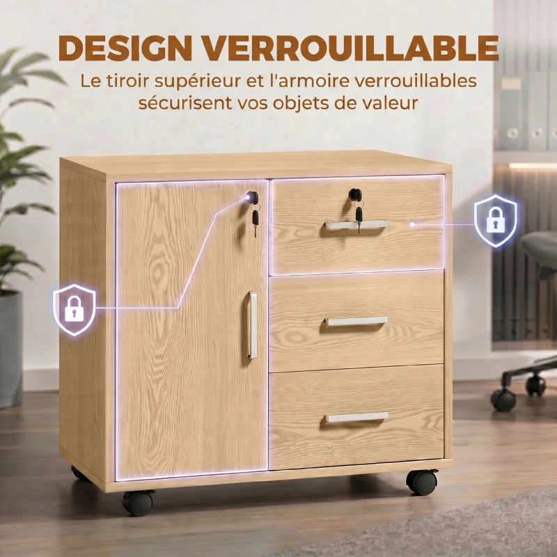 HOMCOM Caisson bureau meuble de rangement verrouillable avec 3 tiroirs et étagère réglable, roulettes, 40 x 60 x 56 cm, marron clair
