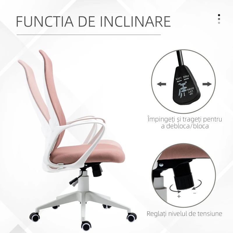 Vinsetto Scaun de birou ergonomic și tapițat, cu înălțime reglabilă și balansare, 62x56x110-119,5 cm, roz