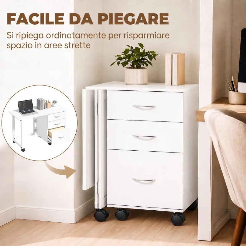 HOMCOM Scrivania Ufficio Pieghevole con 3 Cassetti, 4 Ruote con Freno, Bianco