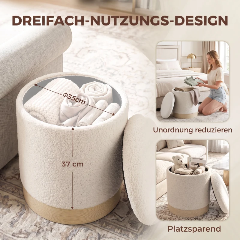 HOMCOM 38 cm Rundhocker mit Sherpa-Bezug, Aufbewahrung und Holzoptik-Metallfuß, Cremeweiß