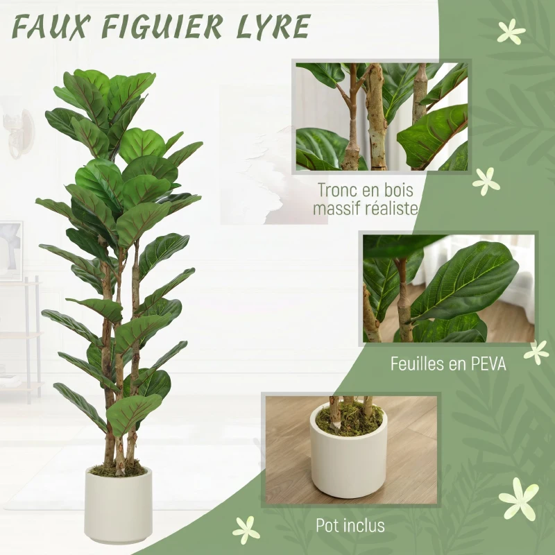 HOMCOM Lot de 2 plantes artificielles 120 cm Figuier lyre arbre artificiel avec pot en plastique et tronc en bois massif, vert