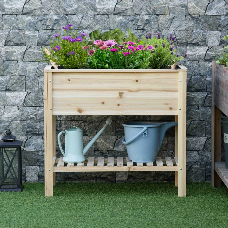 Outsunny Huerto Urbano Elevado con Estante de Madera con Tela no Tejida para Cultivos Plantas Flores Jardín 90x40x81 cm Natural