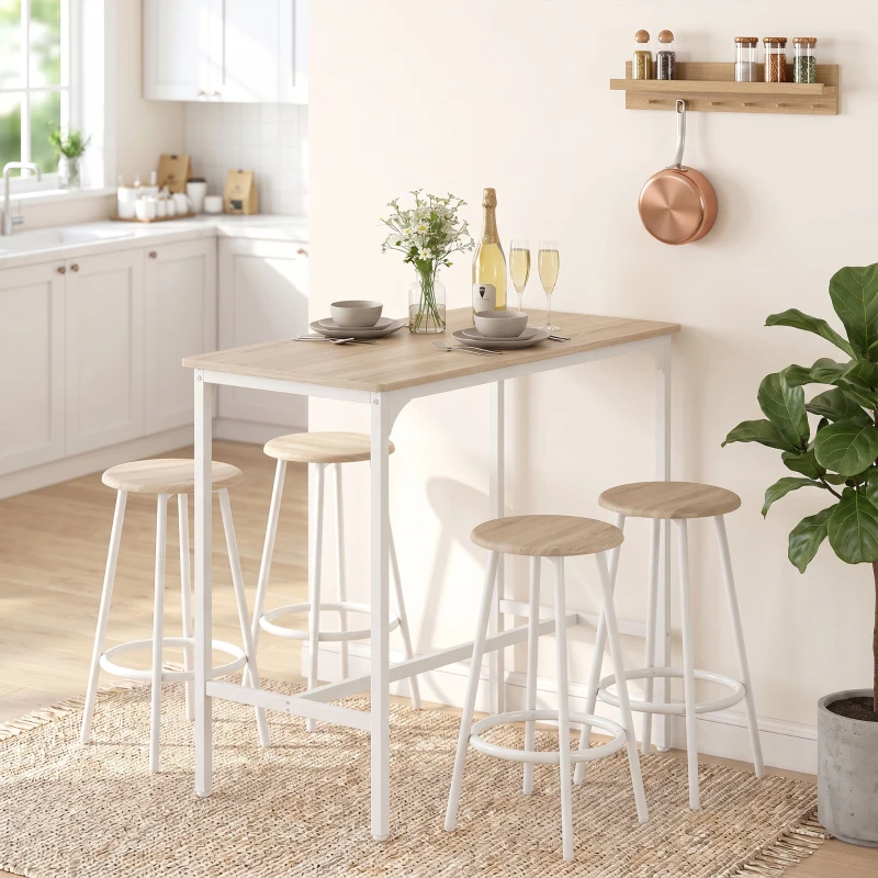 HOMCOM 5-teiliges Bartisch-Set für 4 Personen, Industrieller Stehtisch mit Hockern für Küche & Esszimmer, Eiche