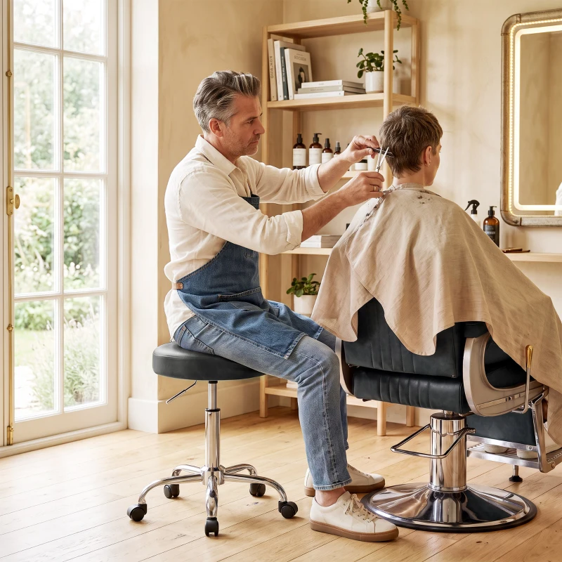 HOMCOM Rollhocker aus PU-Leder, höhenverstellbarer Salonhocker mit gepolsterter Sitzfläche, drehbarer Beautyhocker auf Rollen