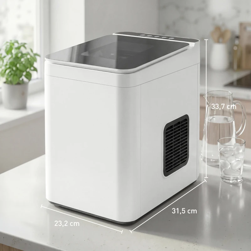 HOMCOM Tisch-Eismaschine Selbstreinigend Kompakter Eisbereiter mit Schaufel und Korb Weiß