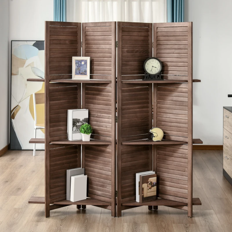 HOMCOM Biombo Plegable de 4 Paneles de Madera 162x170 cm Biombo Separador de Ambientes con 3 Estantes Nogal