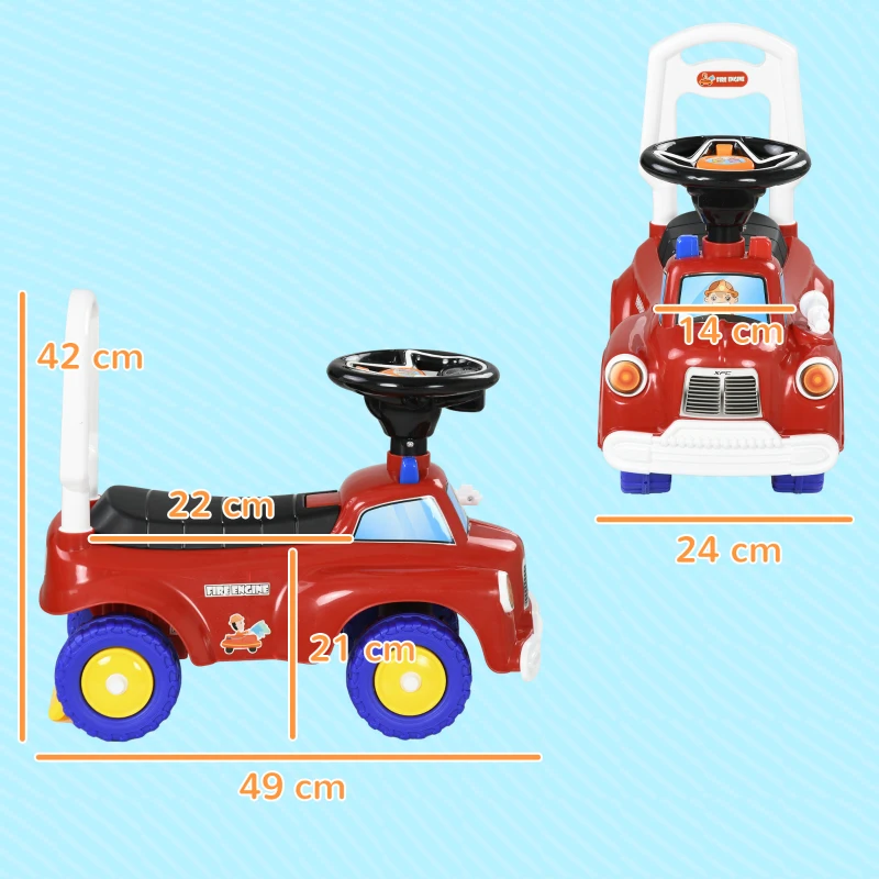 AIYAPLAY Carro Andador para Crianças com Desenho de Camião de Bombeiros 3 Luzes Música e Compartimento de Arrumação 49x24x42 cm Vermelho