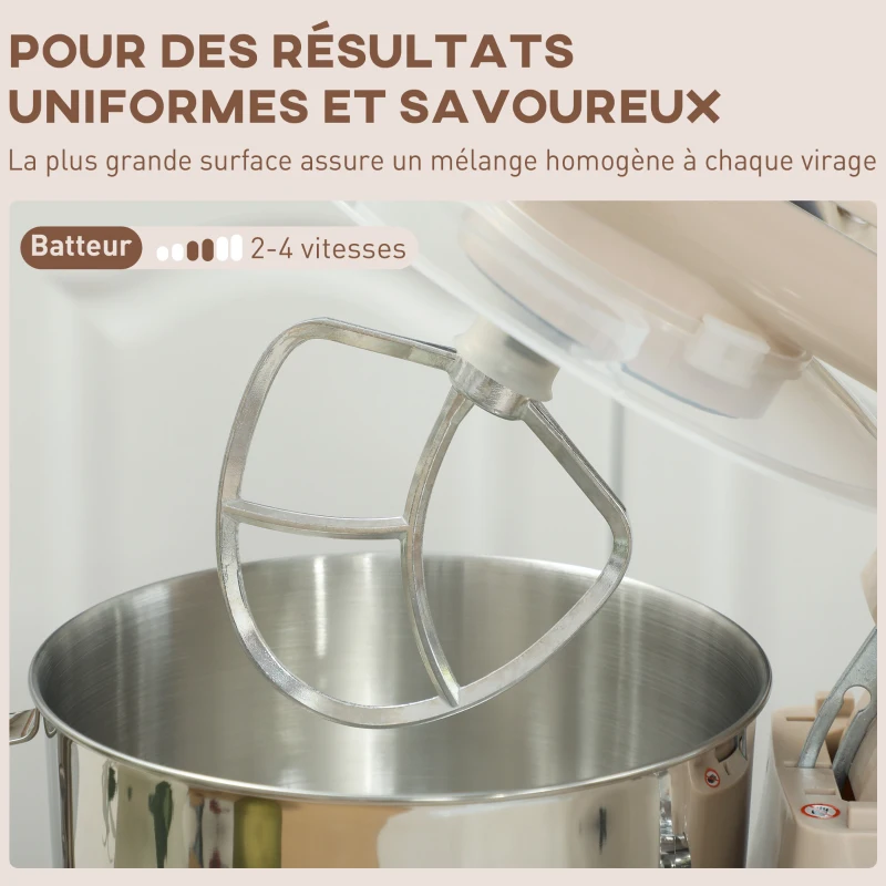 HOMCOM Robot pâtissier 1300 W, robot pétrin professionnel 4,5 L, bol d'acier inoxydable, 6+P vitesses et pulse, beige