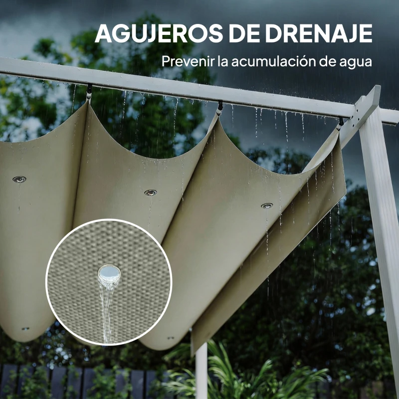 Outsunny Pérgola de Jardín 4x3 m con Techo Retráctil Protección UPF30+ Drenaje Cenador de Jardín para Patio Exterior Beige