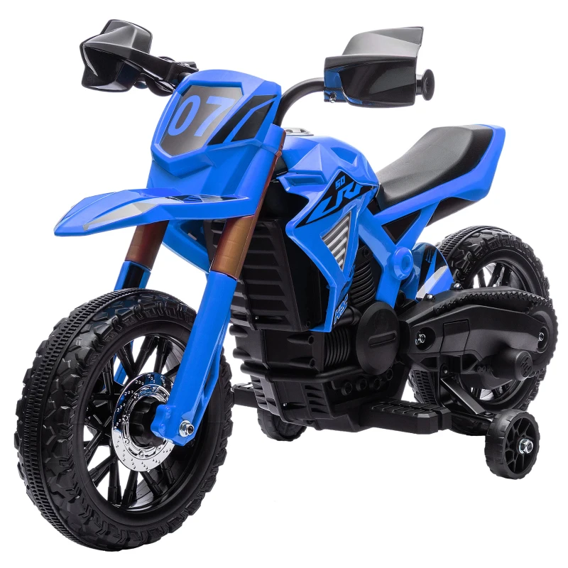 AIYAPLAY Motocicletă electrică pentru copii 3-8 ani, cu 2 motoare 12V, roți ajutătoare și claxon, 3 km/h, 30 kg, albastru