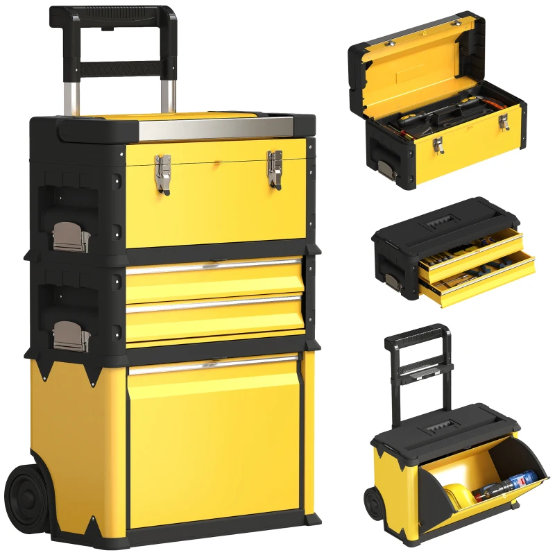 HOMCOM Lot de 3 boîtes à outils sur roulettes empilables et modulaires en acier avec plateau, poignées et serrure, jaune