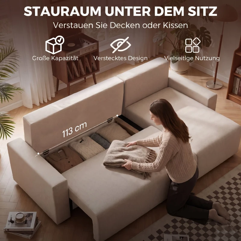 HOMCOM Ecksofa mit Schlaffunktion und umkehrbarer Chaiselongue, L-förmiges 3-Sitzer Sofa aus Veloursbezug, Beige