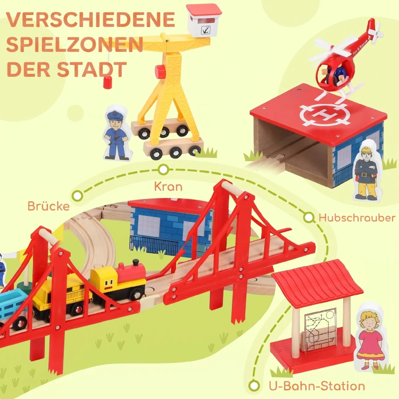 AIYAPLAY Holzeisenbahn Set 133 Stück Eisenbahn Set mit Elektrische Lok Zügen Grundplatte, Schienen Kran Brücke Kleinkinder ab 3