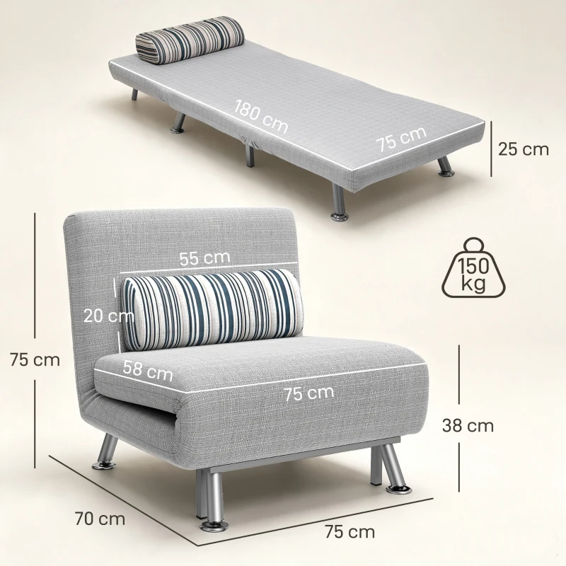 HOMCOM Fauteuil convertible 3 en 1 chauffeuse lit 1 place avec coussin gris