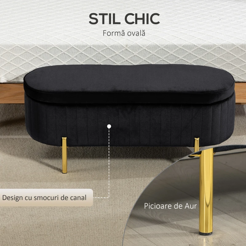 HOMCOM Bancă de Depozitare Ovală 72L cu Capac Rabatabil, din Catifea și Lemn, 108 x 44 x 43,5 cm, Negru