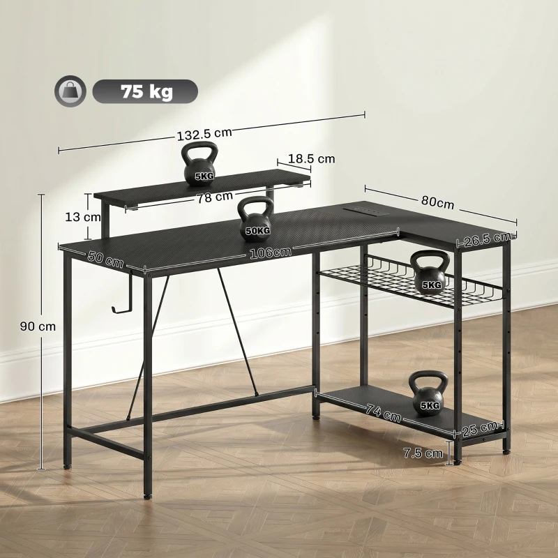 HOMCOM Reversible 'L' LED Light Gaming/Work Desk - Black