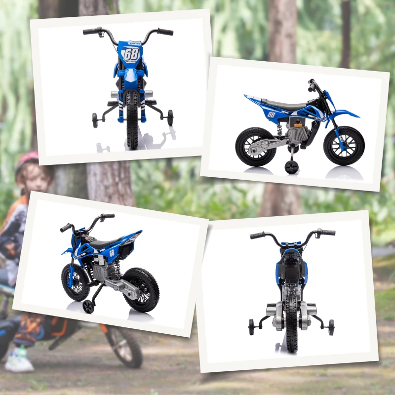 AIYAPLAY Moto Eléctrica para Niños 12V con 2 Motores Suspensión Trasera Ruedas de Apoyo Desmontables Música Niños 3-6 Años Azul