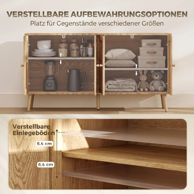 HOMCOM Rattan Sideboard mit 4 Türen, Boho Küchenbuffet mit 2 verstellbaren Einlegeböden, Holzoptik natur