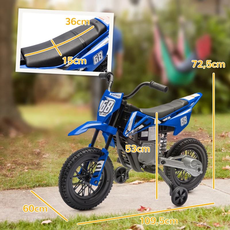 AIYAPLAY Moto Eléctrica para Niños 12V con 2 Motores Suspensión Trasera Ruedas de Apoyo Desmontables Música Niños 3-6 Años Azul