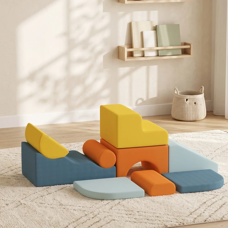 AIYAPLAY Parcours motricité bébé 9PCS, module motricité bébé en mousse avec housse amovible en revêtement velours, multicolore