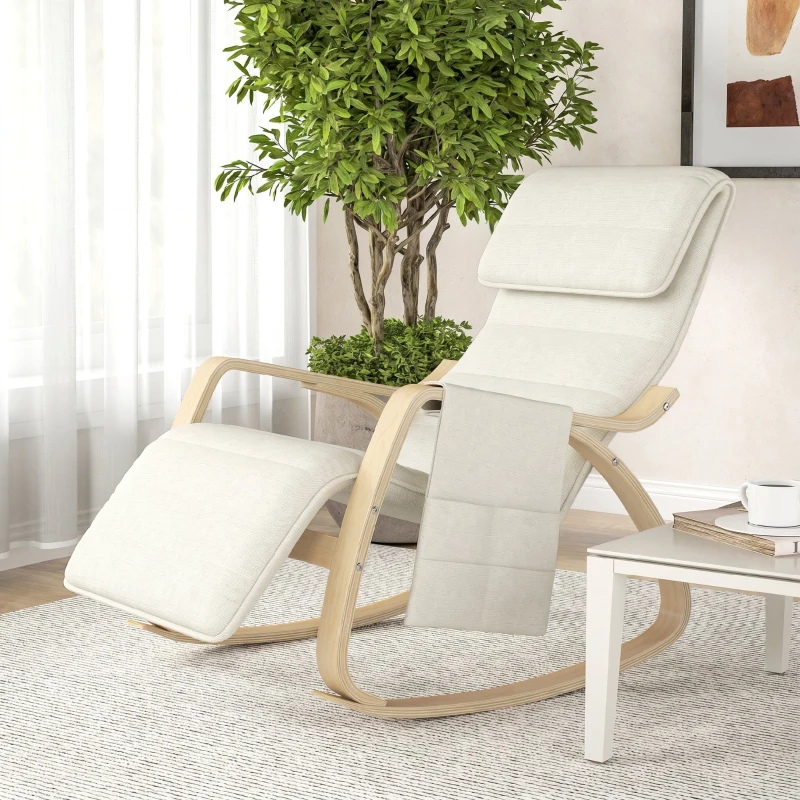 HOMCOM Silla Mecedora con Reposapiés Ajustable en 5 Posiciones Bolsillo Lateral Reposabrazos de Madera Reposacabezas Crema