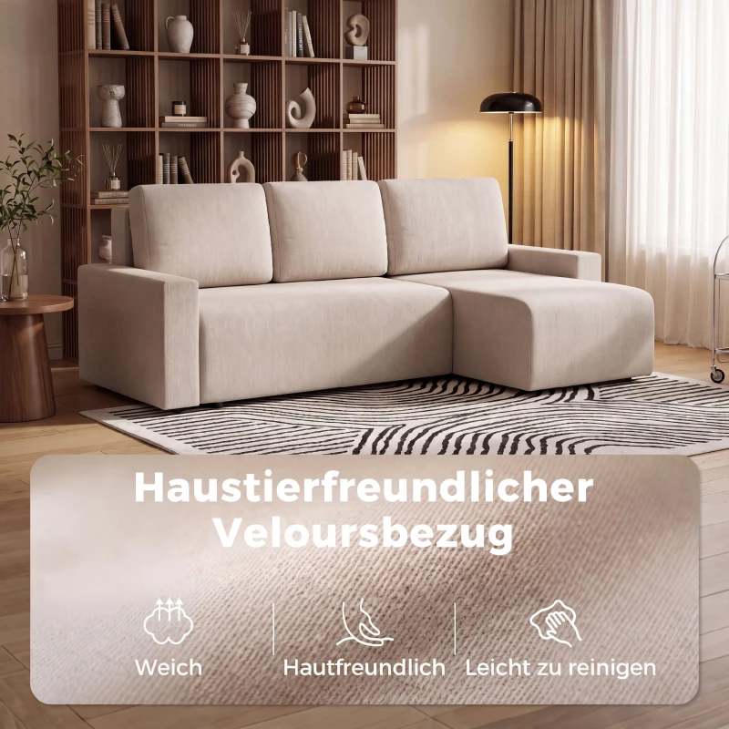 HOMCOM Hoekbank met Slaapfunctie en Omkeerbare Chaise Longue, L-vormige 3-zitsbank van Velours, Beige