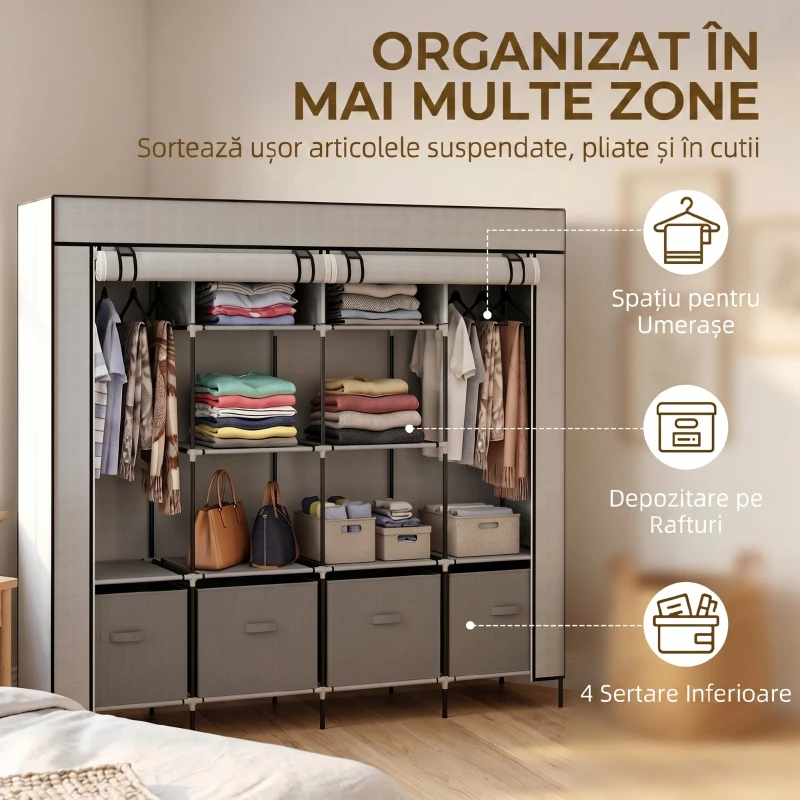 HOMCOM Dulap din Material Textil și Oțel cu 10 Compartimente, 4 Sertare și Uși cu Fermoar, Gri