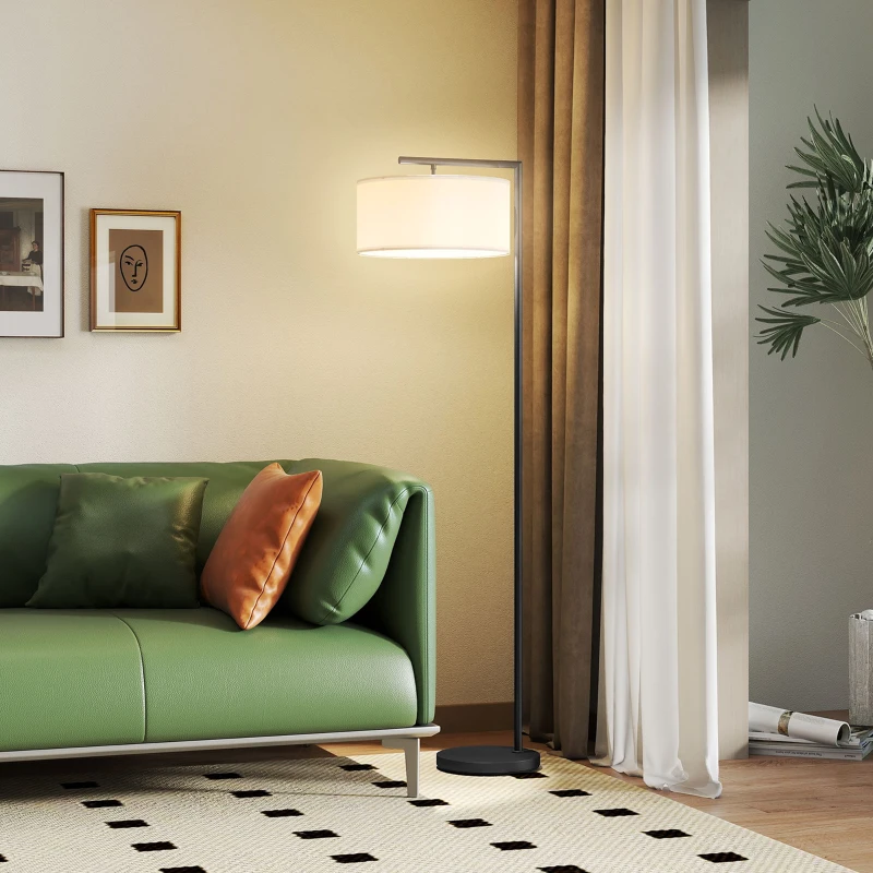HOMCOM Stehleuchte, Stehlampe, E27 Sockel, Schwarz, weißer Stoffschirm, Fußschalter, Eisen, 47 x 37 x 153 cm