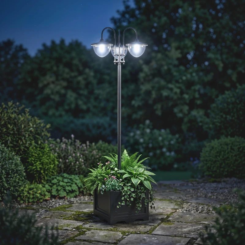 Outsunny Farol Solar de Jardín con 18 Luces LED Blanca Fría 6000K IP44 para Camino Terraza Patio 60x55x189 cm Negro