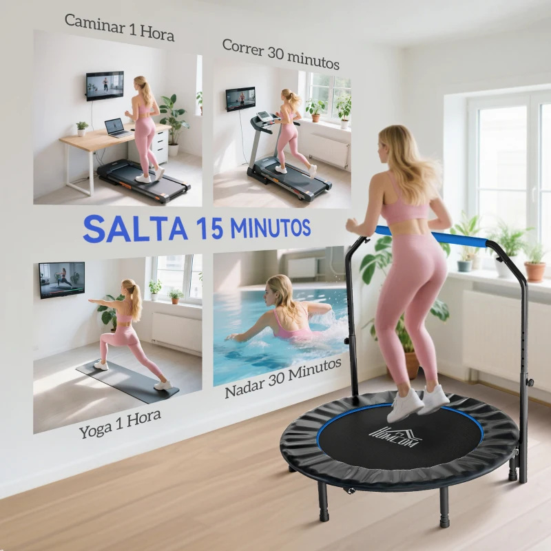 HOMCOM Trampolín de Fitness Adultos Ø122 cm, Cama Elástica Plegable con Mango Ajustable de 4 Niveles Negro y Azul