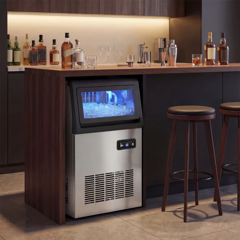 HOMCOM Gewerbliche Eismaschine, 45 kg/24 Std., Edelstahl, Unterbau oder freistehend, Silber