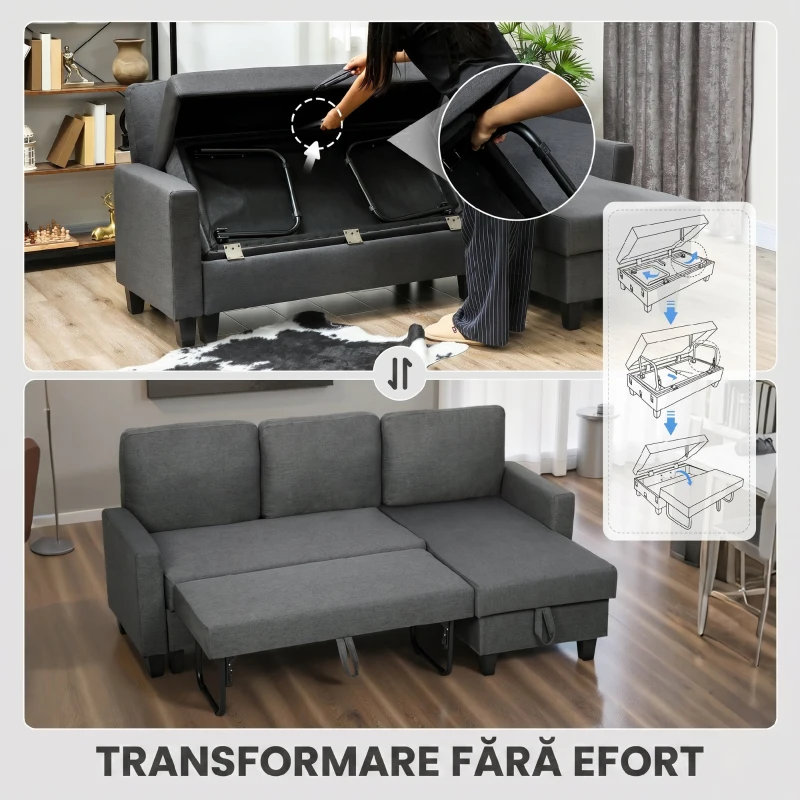 HOMCOM Divan Pat cu 3 Locuri și Chaise și Spațiu de Depozitare, din Țesătură cu Efect de Lin, 197x129x85 cm, Gri Antracit