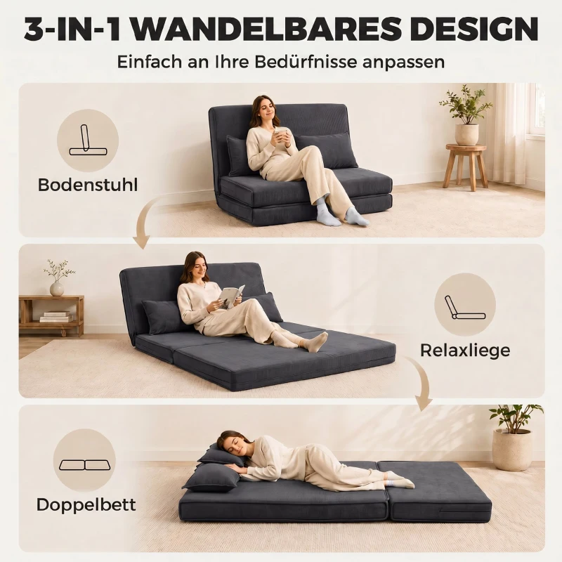 HOMCOM Vloerstoel met rugleuning, ribfluwelen klapsofa als logeerbed, verstelbaar, brede zitting, donkergrijs