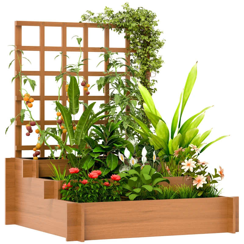 Outsunny Jardinieră cu grilaj pe 3 niveluri din lemn de brad și material netesut, 95x95x110 cm, maro
